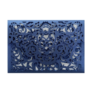 Intricate laser-cut navy blue floral lace wedding invitation cover with pearlescent finish