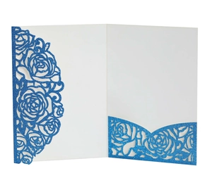 Detailed laser-cut rose pattern on blue glitter pocket for wedding invitations