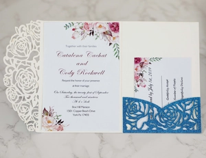 Detail of laser-cut rose wedding invitation set with glitter pocket and floral RSVP card