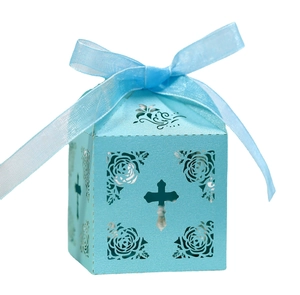 Laser-cut light blue candy box with cross and floral pattern for wedding favors