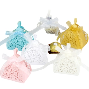 Laser-cut princess dress candy gift boxes with silk ribbons for weddings and parties