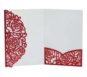 Detailed laser-cut rose pattern on red glitter wedding invitation with white insert