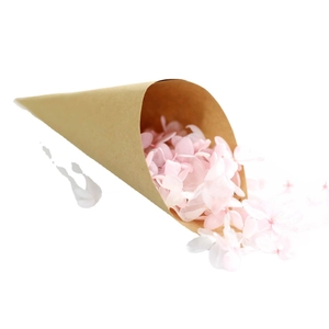 Brown kraft paper wedding confetti cone filled with dried pink hydrangea petals on white background