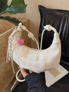 Vintage Checkerboard Crescent Shoulder Bag For Women PU Leather Knotted Strap Crossbody Hobo Bag With Heart Pendant Fashion Handbag
