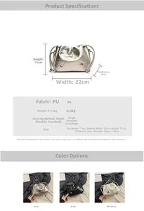 Guide des tailles pour sac seau plissé en PU avec papillon et dimensions détaillées