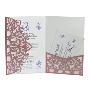 Laser-cut pink glitter wedding invitation set with floral hollow pattern and white card