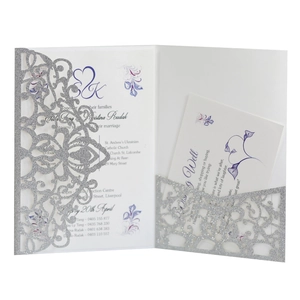 Silver laser-cut glitter wedding invitation with purple floral inner card and wishing well