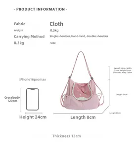 Pink canvas fruit bag dimensions 33x13x24cm shown with iPhone for size comparison