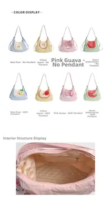 Internal structure of cartoon fruit shoulder bag showing zipper pocket and quilted lining