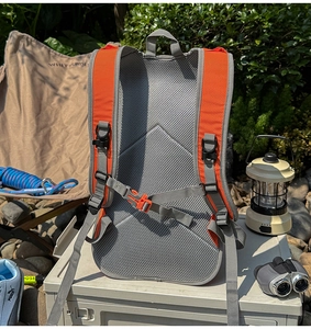 Outdoor backpack back detail showing breathable honeycomb mesh and adjustable S-shape straps