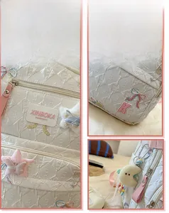 Detail display of white textured backpack with colorful patches and plush moon charm