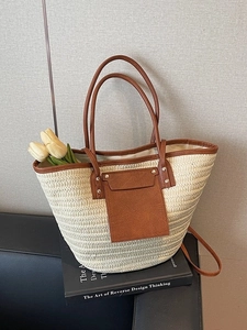 Large capacity straw tote bag with brown PU handles and trim for summer fashion