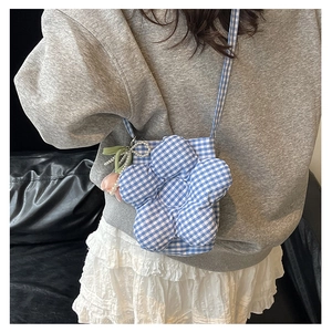 Blue and white checkered flower shaped canvas crossbody bag with pearl strap detail