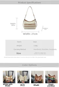 Detailed size chart and multi-color options for the woven knit beach shoulder bag