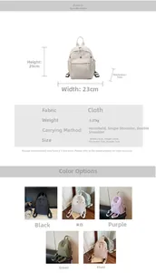 Detailed size specifications and color options for the lightweight multi-way backpack