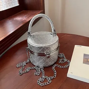 Women's Mini Cylinder Handbag Quilted PU Leather Chain Shoulder Bag Stylish Lingge Lock Bucket Bag For Party Daily Fashion