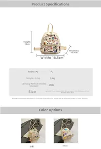 Detailed size specifications for mini PU graffiti backpack with bear and cat prints