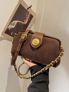 Vintage brown frosted leather crossbody doctor bag with gold chain strap and metal buckle