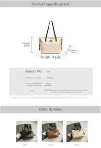 Detailed size chart of women's large PU tote bag showing dimensions and color options