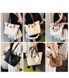 Three-color minimalist tote bags with contrast straps and metal logo details shown on model