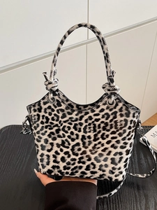 Fashion Leopard Print PU Leather Bucket Bag For Women Vintage Animal Pattern Crossbody Shoulder Bag With Knot Handle Silver Hardware