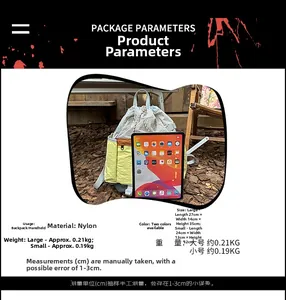 Detailed size comparison of nylon drawstring backpacks in large and small versions
