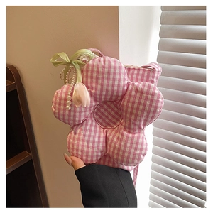 Pink and white checkered flower-shaped crossbody bag with pearl strap and tulip charm