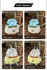 Detailed grid view showing large and small drawstring backpacks in colorful nylon fabrics