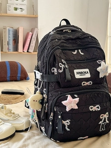 Quilted Nylon Fashion Backpack For Women Large Capacity School Bag With Cute Embroidery Bows Star Patches And Pendant