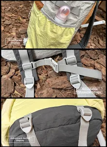 Detailed view of side pockets and adjustable chest buckle on outdoor drawstring backpack