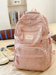 Pink pleated casual backpack with colorful sequin bows and large K patch for students