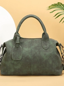 Vintage dark green Boston handbag with textured leather finish and top handles for women