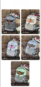 Outdoor backpacks in five colors showing water-resistant nylon texture and mesh pocket details