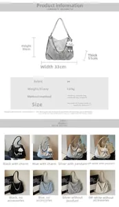 Detailed size specifications and color options for the versatile pleated tote shoulder bag