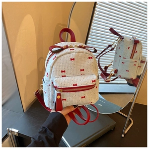 Detail of mini backpack showing textured bow pattern and vibrant red zipper details