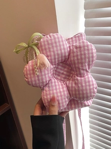 Women Canvas Gingham Flower Shaped Crossbody Bag With Artificial Pearl Handle Tulip Pendant Sweet Korean Fashion Small Bucket Bag