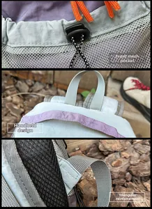 Detail view of reinforced stitching, mesh pocket and handle on outdoor blue backpack