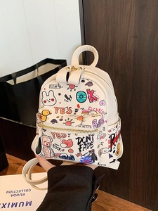 Sac à Dos Mini en Cuir PU Imprimé Graffiti Ours Chat pour Femmes Street Casual Petit Sac à Bandoulière Voyage Dessin Animé Cartable