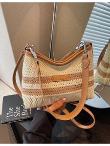 Borsa a Tracolla in Maglia a Righe da Donna Borsa da Spiaggia Intrecciata Borsa a Secchiello con Tracolla in Pelle PU