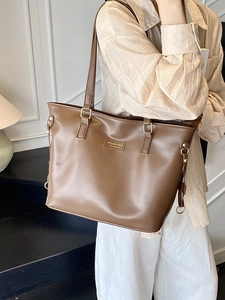 Minimalist coffee brown large leather tote bag with gold metal buckle for women