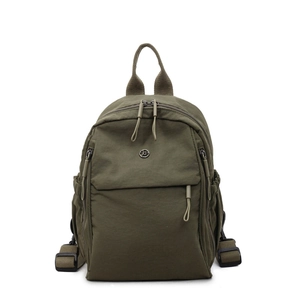 Lightweight olive green nylon backpack with multi-pocket design for daily commute