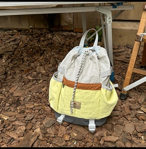 Detail of color-block nylon drawstring backpack with buckle straps in outdoor setting