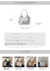 Fiche détaillée du sac seau en PU avec nœud en dentelle, perles et options de couleurs
