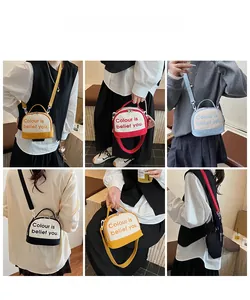 Canvas bowling bag shown in four colors styled with modern outfits on a female model