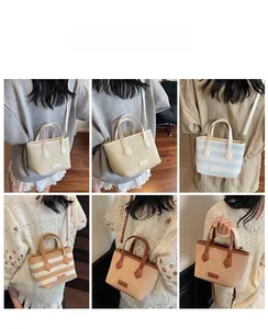 Various styles of women woven tote bags shown with different outfits and wearing ways