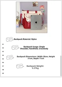 Nylon red and white crossbody bag size details 28x31x11cm with iPad capacity scale