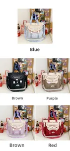Detailed view of canvas crossbody bags in blue, black, brown, purple and red colors