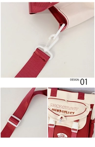 Detail of red nylon strap and white plastic buckle on canvas crossbody school bag