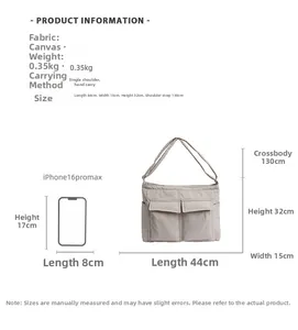 Detailed canvas tote bag size chart showing 44x32x15cm dimensions and adjustable strap