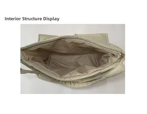 Internal structure of beige canvas messenger bag showing zipper pocket and spacious lining